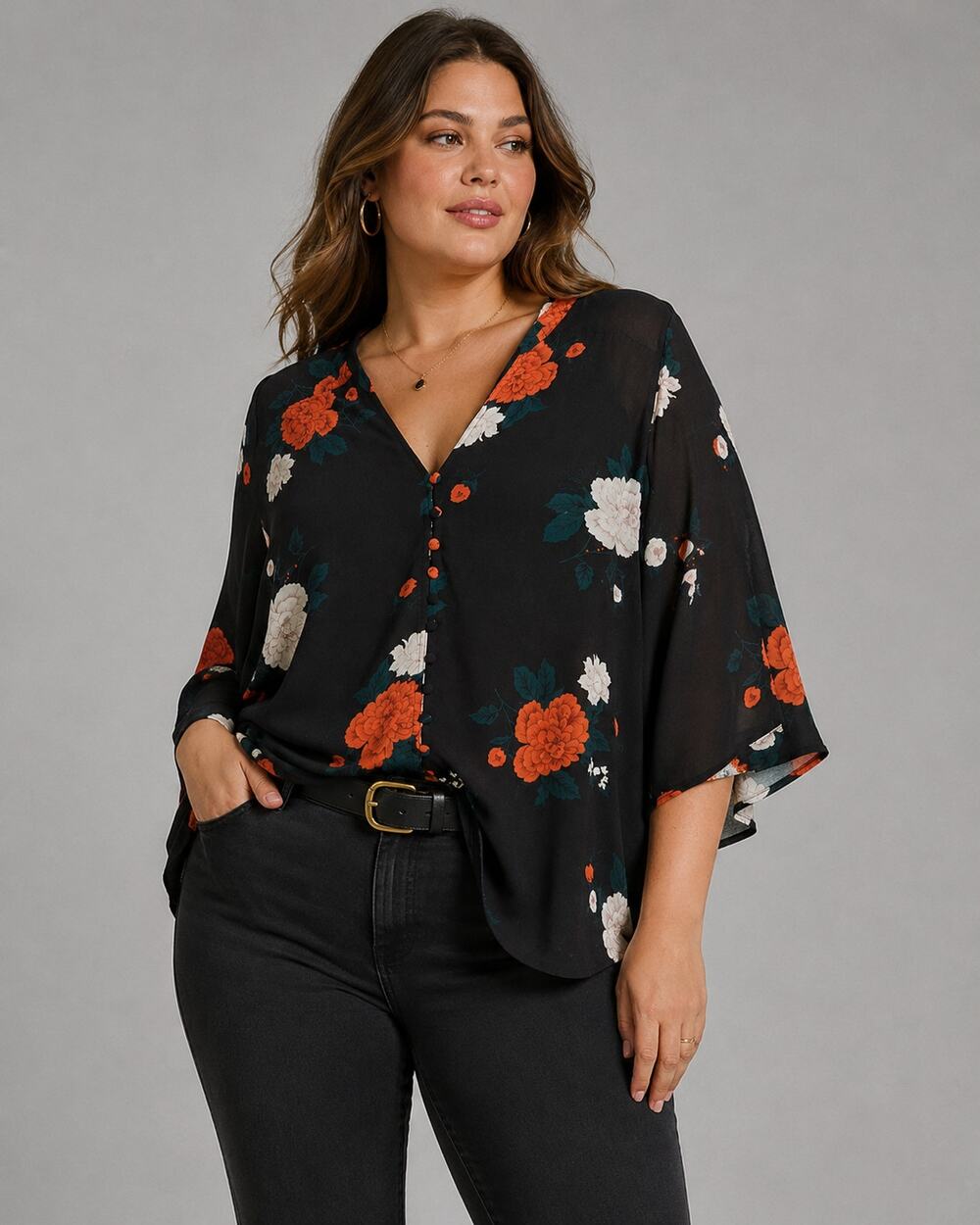 Torrid Black Floral Chiffon Button Front Blouse Plus Size 1 14-16